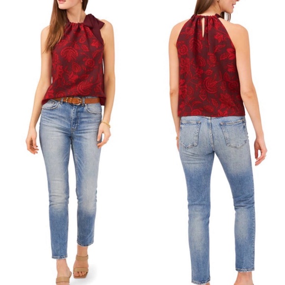 VINCE CAMUTO “Desert Summer” Paisley Print Halter Blouse in Cranberry Size Small - Picture 4 of 12